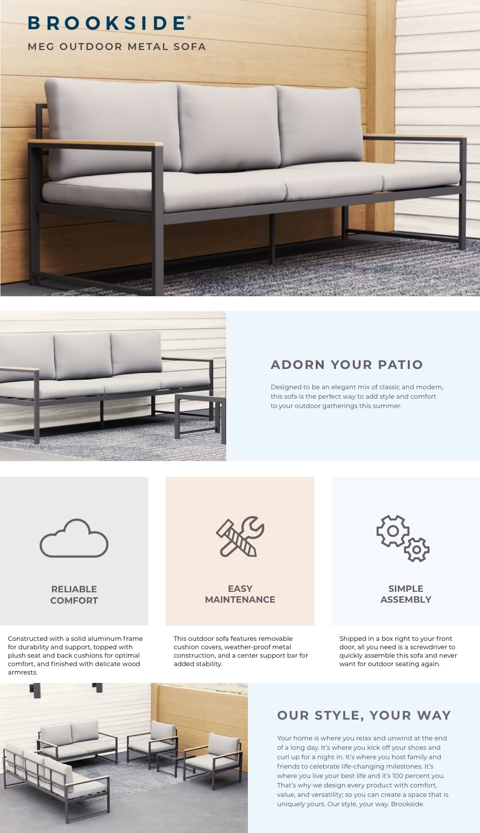 Brookside Meg Outdoor Metal Sofa with Light Gray Cushions BS0001OSF00GC